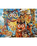 The Exquisite Opus: "Owl Symphony" in Serene Gold, Reddish Brown & Turquoise, Brushwork in 16x20(in) Acrylic on Canvas painting, Natural World & Conceptual Art, pal6