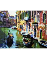 The Fantastic Gem: "Venetian Reflections" in Entrancing Green, Gold & Reddish Brown, Brushwork in 16x20(in) Acrylic on Canvas painting, Scenic & Impressionism / Everyday Life Art, pal69