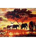 The Magical Handwork: "Sunset Serenade - A Family of Elephants" in Enticing Red, Brown & Gold, Brushwork in 16x20(in) Acrylic on Canvas painting, Scenic & Natural World Art, pal65