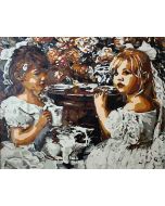 The Breathtaking Pinnacle: "Tea Time with Flowers" in Sizzling White, Black & Brown, Brushwork in 16x20(in) Acrylic on Canvas painting, Figurative & Impressionism / Everyday Life Art, pal62