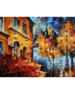 The Delightful Perfection: "Urban Symphony" in Whimsical Gold, Blue & Red, Brushwork in 16x20(in) Acrylic on Canvas painting, Scenic & Impressionism / Everyday Life Art, pa152l
