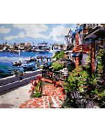 The Sublime Artwork: "Harbor Hues: A Colorful Coastal Canvas" in Glittering White, Green & Turquoise, Brushwork in 16x20(in) Acrylic on Canvas painting, Scenic Art, pa177l