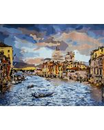 The Enlivening Classic: "Venetian Reflections" in Vibrant Blue, Beige & Gold, Brushwork in 16x20(in) Acrylic on Canvas painting, Scenic Art, pa188l