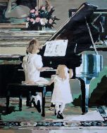 The Awe-Inspiring Handwork: "Melodic Sisters" in Glistening Beige, Black & White, Brushwork in 16x20(in) Acrylic on Canvas painting, Scenic & Impressionism / Everyday Life Art, pa109p