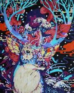 The Awesome Gem: "Celestial Antlers" in Gentle Black, Reddish Brown & Turquoise, Brushwork in 16x20(in) Acrylic on Canvas painting, Natural World Art, pa103p