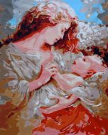 The Magnificent Elegance: "Mother's Embrace" in Enthralling Beige, Red & Turquoise, Brushwork in 16x20(in) Acrylic on Canvas painting, Figurative & Impressionism / Everyday Life Art, pa125p