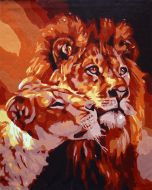 The Prestigious Rarity: "Wild Love: Lions at Sunset" in Lustrous Black, Beige & Red, Brushwork in 16x20(in) Acrylic on Canvas painting, Natural World & Conceptual Art, pa126p