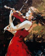 The Dreamlike Magnificence: "Girl in Red: Violinist's Reverie" in Gleaming Black, Green & Red, Brushwork in 16x20(in) Acrylic on Canvas painting, Figurative & Impressionism / Everyday Life Art, pa132p