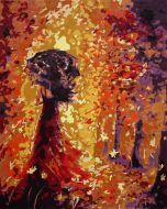 The Marvelous Artwork: "Forest Solitude: Woman Amidst Trees" in Rhythmic Gold, Red & Reddish Brown, Brushwork in 16x20(in) Acrylic on Canvas painting, Conceptual & Impressionism / Everyday Life Art, pa134p