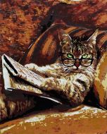 The Stylish Magnificence: "Whiskerly Cat Reads" in Sublime Brown, Beige & Black, Brushwork in 16x20(in) Acrylic on Canvas painting, Natural World & Impressionism / Everyday Life Art, pa136p