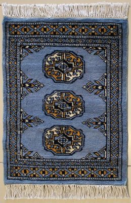 1'6x2'1 Bokhara Jaldar Area Rug with Wool Pile - Special Mori Bokhara Elephant Foot Design | Hand-Knotted in Grey