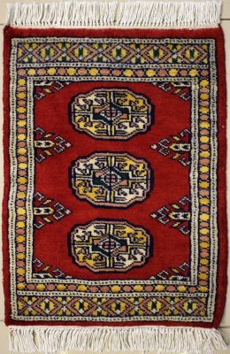 1'6x1'11 Bokhara Jaldar Area Rug with Wool Pile - Special Mori Bokhara Elephant Foot Design | Hand-Knotted in Red