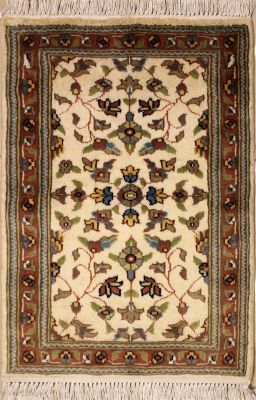 2'0x3'0 Pak Persian Area Rug with Silk & Wool Pile - Floral Design | Hand-Knotted in Ivory