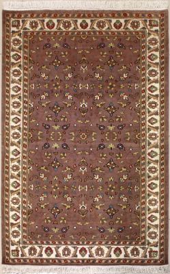 4'2x6'1 Pak Persian Area Rug with Silk & Wool Pile - Floral Design | Hand-Knotted in Beige