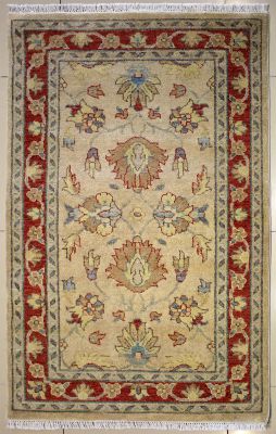 3'2x5'3 Chobi Ziegler Area Rug made using Vegetable dyes with Wool Pile - Floral Design | Hand-Knotted in White