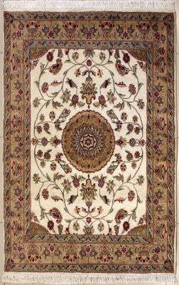 4'2x6'1 Pak Persian Area Rug with Silk & Wool Pile - Floral Design | Hand-Knotted in Ivory