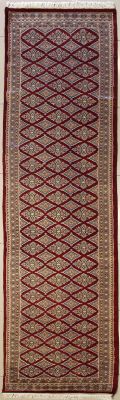 2'8x11'3 Bokhara Jaldar Area Rug with Silk & Wool Pile - Geometric Diamond Design | Hand-Knotted in Red