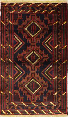 4'0x6'8 Caucasian Design Area Rug with Wool Pile - Tribal Balochi Geometric Design | Hand-Knotted in Blue