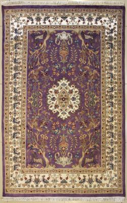 4'2x6'5 Pak Persian Area Rug with Silk & Wool Pile - Pictorial Hunting Shikargah Design | Hand-Knotted in Purple