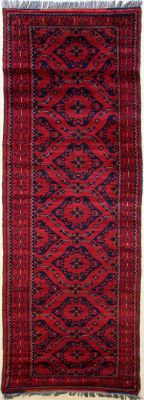 2'4x9'4 Caucasian Design Area Rug with Wool Pile - Tribal Khan Mohammadi Floral Design | Hand-Knotted in Red