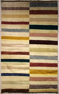 4'0x5'11 Gabbeh Area Rug with Wool Pile - Striped Design | Hand-Knotted Multicolored | 4x6