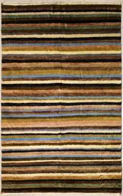4'5x6'2 Gabbeh Area Rug with Wool Pile - Striped Design | Hand-Knotted Multicolored | 4.5x7
