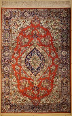 4'2x6'7 Pak Persian High Quality Area Rug with Silk Pile - Floral (Special Quality) Medallion Design | Hand-Knotted in Reddish Brown