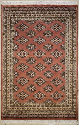 4'2x6'1 Bokhara Jaldar Area Rug with Silk & Wool Pile - Geometric Diamond Design | Hand-Knotted in Reddish Brown