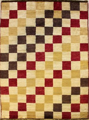 4'1x5'9 Gabbeh Area Rug with Wool Pile - Checkered Design | Hand-Knotted Multicolored | 4x6