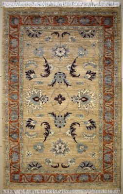 3'1x5'2 Chobi Ziegler Area Rug made using Vegetable dyes with Wool Pile - Floral Design | Hand-Knotted in Beige