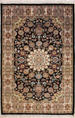 4'1x6'3 Pak Persian Area Rug with Silk & Wool Pile - Ardabil Medallion Design | Hand-Knotted in Black