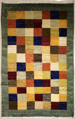 4'7x6'3 Gabbeh Area Rug with Wool Pile - Checkered Design | Hand-Knotted Multicolored | 4.5x7