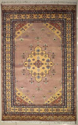 4'4x6'5 Pak Persian Area Rug with Silk & Wool Pile - Medallion Design | Hand-Knotted in Beige