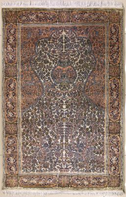 3'11x5'11 Pak Persian High Quality Area Rug with Silk & Wool Pile - Floral Design | Hand-Knotted in Ivory