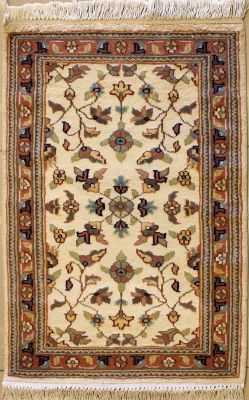 2'0x3'2 Pak Persian Area Rug with Silk & Wool Pile - Floral Design | Hand-Knotted in Ivory