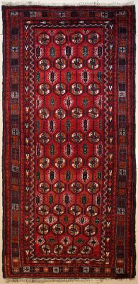 3'9x8'2 Caucasian Design Area Rug with Wool Pile - Tribal Balochi Elephant Foot Design | Hand-Knotted in Red