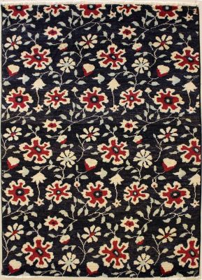 4'1x5'10 Chobi Ziegler Area Rug made using Vegetable dyes with Wool Pile - Floral Design | Hand-Knotted in Black