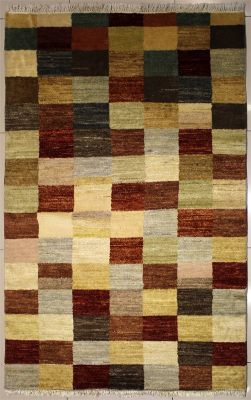 4'6x6'5 Gabbeh Area Rug with Wool Pile - Checkered Design | Hand-Knotted Multicolored | 4.5x7