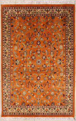 4'0x6'3 Pak Persian High Quality Area Rug with Silk & Wool Pile - Floral Design | Hand-Knotted in Orange