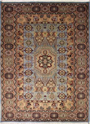 4'6x6'7 Caucasian Design Area Rug with Wool Pile - Geometric Design | Hand-Knotted in Greenish Blue