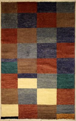 4'6x6'6 Gabbeh Area Rug with Wool Pile - Checkered Design | Hand-Knotted Multicolored | 4.5x7
