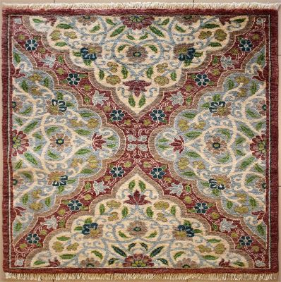 4'0x4'1 Chobi Ziegler Area Rug made using Vegetable dyes with Wool Pile - Floral Design | Hand-Knotted in Red