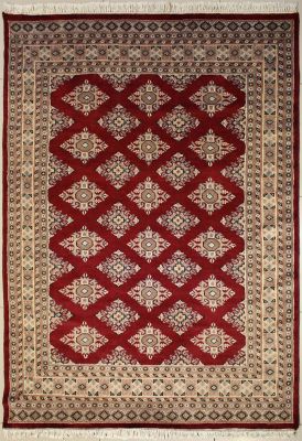 5'1x7'3 Bokhara Jaldar Area Rug with Silk & Wool Pile - Geometric Diamond Design | Hand-Knotted in Red