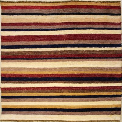 4'4x4'6 Gabbeh Area Rug made using Vegetable dyes with Wool Pile - Striped Design | Hand-Knotted Multicolored | 4x4 Square Double Knot Rug
