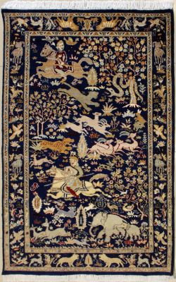 3'11x6'0 Pak Persian High Quality Area Rug with Silk & Wool Pile - Pictorial Hunting Shikargah Design | Hand-Knotted in Blue