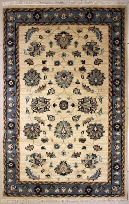 4'1x6'1 Chobi Ziegler Area Rug made using Vegetable dyes with Wool Pile - Floral Design | Hand-Knotted in White
