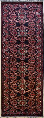2'5x9'4 Caucasian Design Area Rug with Wool Pile - Tribal Khan Mohammadi Floral Design | Hand-Knotted in Black