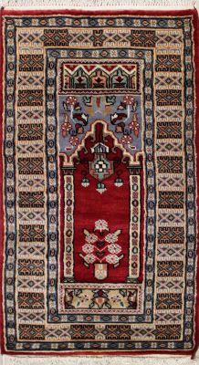 2'0x3'11 Bokhara Jaldar Area Rug with Wool Pile - Prayer Pictorial Design | Hand-Knotted in Red