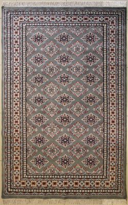 5'0x8'0 Bokhara Jaldar Area Rug with Silk & Wool Pile - Geometric Diamond Design | Hand-Knotted in Grey