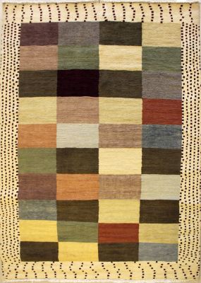 4'4x6'11 Gabbeh Area Rug made using Vegetable dyes with Wool Pile - Checkered Design | Hand-Knotted Multicolored | 4.5x7 Double Knot Rug